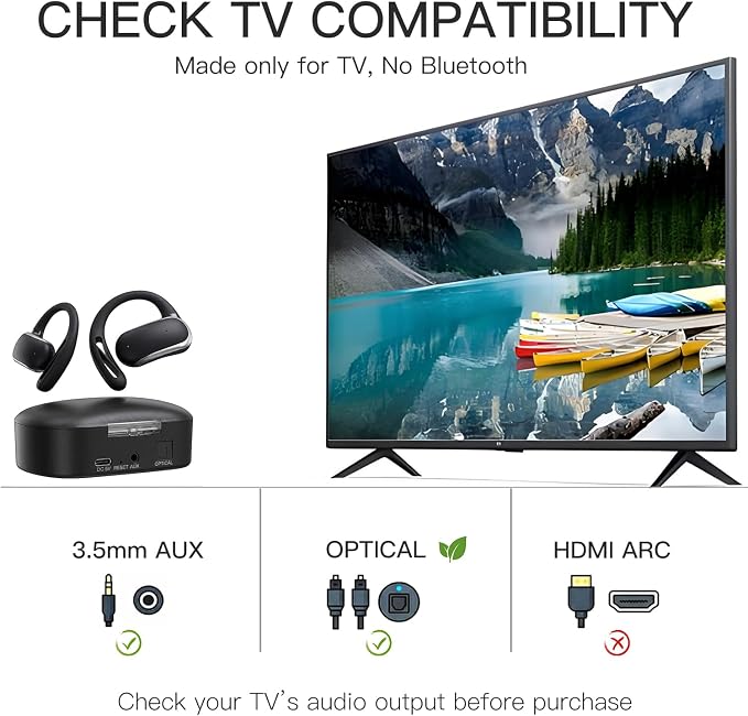 2.4GHz Wireless TV Headphones for Seniors, Open-Ear Hook Design for All-Day Comfort, Plug-and-Play (No Bluetooth), Low Latency, 50ft Range, Charging Case Transmitter with Optical & 3.5mm AUX Cables