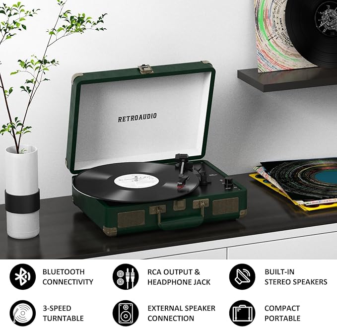Vinyl Record Player 3 Speed Bluetooth Portable Suitcase Belt-Driven Record Player with 2 Built-in Stereo Speakers Vinyl Vintage Turntable Records Player with RCA Line Out, AUX Out (Dark Green)