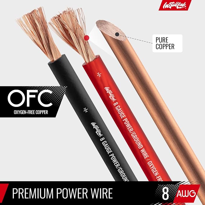 Install Link 8 Gauge Power Wire, Pure OFC Copper (25ft x 2 Spools = 50ft)