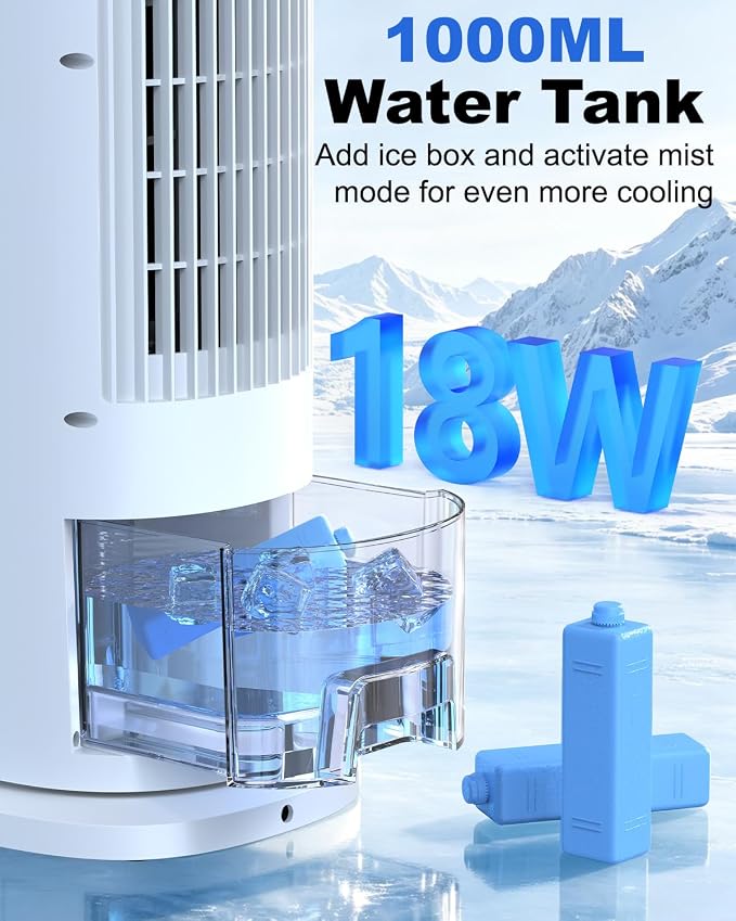 Portable Air Conditioners, 4 in 1 Evaporative Air Cooler, 1000ML Tower Fan with Remote, 3 Wind Speeds&Turbo Mode, 2 Mist,10H Timer, 90° Oscillation Portable AC for Home, Office CoamoTrail(Off White)