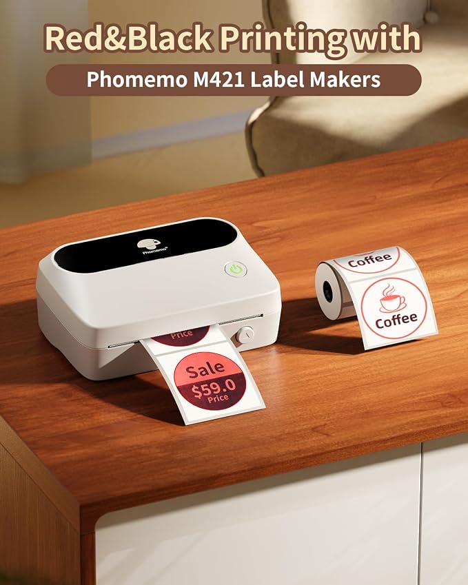 Phomemo M421 Label Maker, Label Printer for Warning Stickers Fragile Labels, with 1.96" x 1.96" (50x50mm) Red & Black Color Thermal Sticker Labels for Barcode, Address, Home, Business
