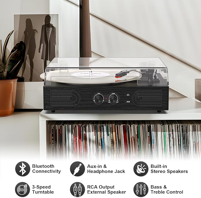Vinyl Record Player with Built-in Speakers 3-Speed Vintage Record Player Support Treble& Bass Control, 3.5mm Headphone Jack, RCA-Out/Aux in, Belt-Driven LP Turntable,Black Wood