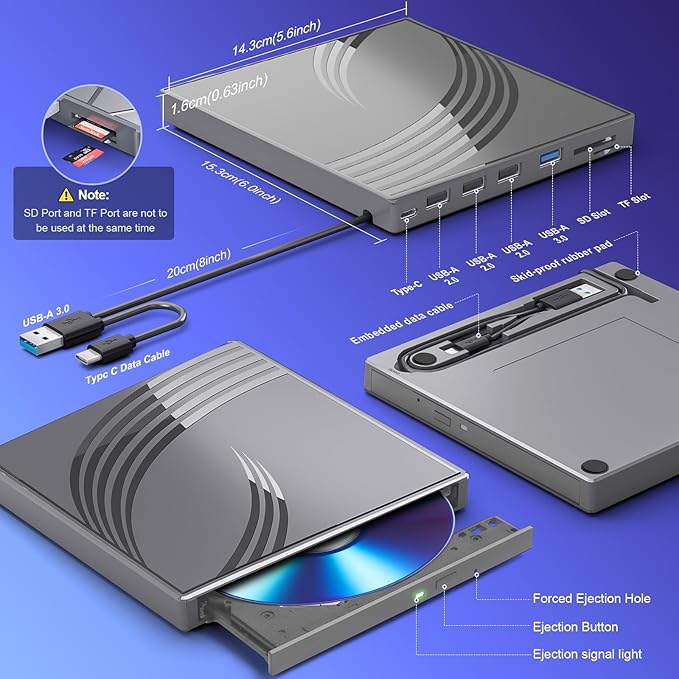 BPAKDU External CD/DVD Drive for Laptop, Ultra Slim CD Burner USB 3.0 Hub with 4 USB Ports, 2 TF/SD Card Slots, 1 Type-C Port, Laptop DVD Player with Case(Gray)