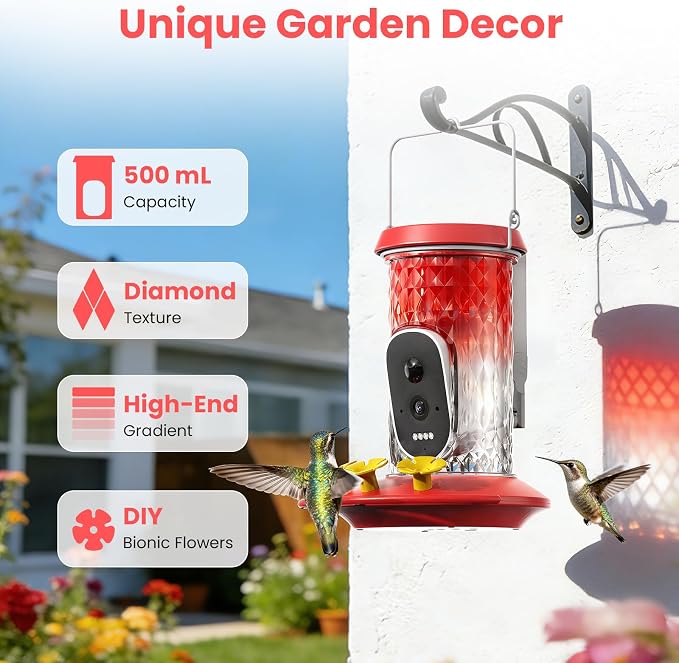 Smart Hummingbird Feeder Camera with AI Identification, 2.5K HD & Color Night Vision, Solar Powered Outdoor, IP66 Weatherproof – Garden Decor & Premium Gift