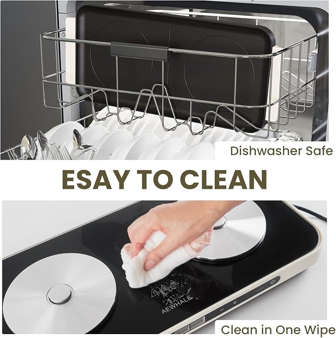 AEWHALE Electric Glass Cooktop 2 Burners with Removable Griddle Pan Non-stick,1800W Electric Hot Plate with Sensor Touch for Adjustable Temperature/Time