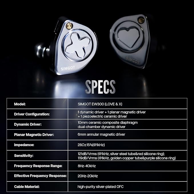 Linsoul SIMGOT EW300 1DD+1Planar+1PZT Hybrid Driver in Ear Monitor, Wired Earbuds IEM, Gaming Earbuds with Detachable Nozzles, Silver-Plated OFC IEM Cable for Audiophile Musician (EW300 HBB)