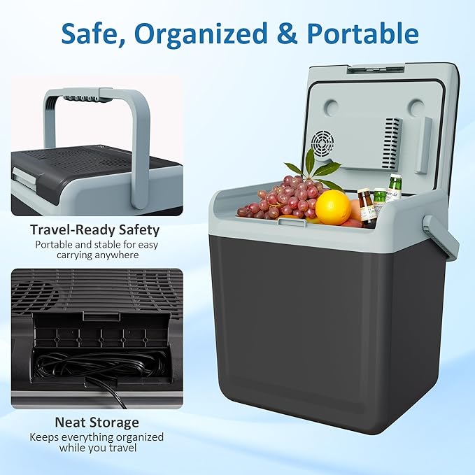 25QT Portable Electric Cooler & Warmer with Handle – Dual Heating & Cooling Mini Thermoelectric Car Fridge for Vehicles, Truck, Travel, Camping, Picnics and Home, Black