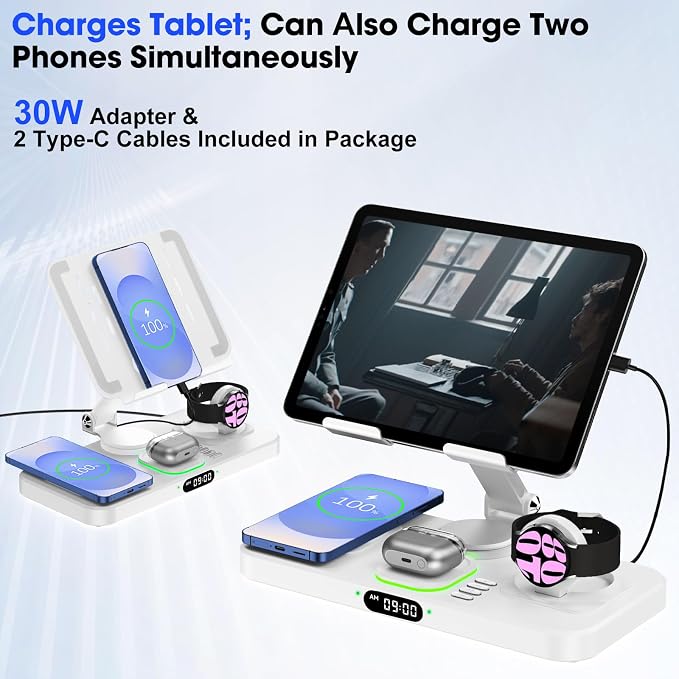 30W Tablet Wireless Charger for Samsung, Foldable Android Charging Station with Clock Display with 7-Color Light, Wireless Watch Charger for S25, Only Compatible Samsung Watch, Galaxy Buds3 Pro(White)