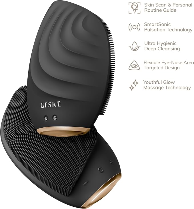 GESKE SmartAppGuided™ Sonic Facial Brush 5 in 1 | Vibrating Electric Facial Cleansing Brush | Soft Silicone Brush | Professional Facial Cleanser | Skin Cleanser & Exfoliator | Face Massager