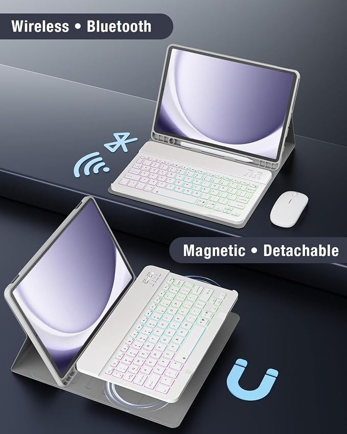 Keyboard Case for Samsung Galaxy Tab A11 Plus 11 Inch 2025/ A9+ Plus 2023 Tablet, Detachable Rainbow Backlit Wireless Keyboard and Mouse, Slim Stand Cover with S Pen Holder(White Marble)