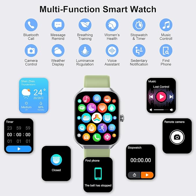 Smart Watch for Men Women (Answer/Make Call), 1.96" HD Smartwatch with Heart Rate/Sleep Monitor/Pedometer/Calories, 113+ Sports Fitness Watch, IP68 Waterproof Activity Tracker for Android iOS-Green