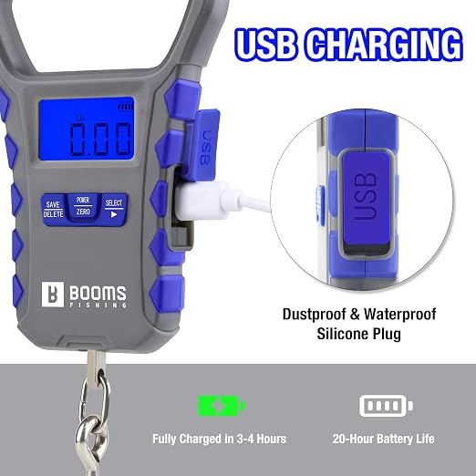 Booms Fishing Digital Fish Scale: USB Charging Fish Weigher 65lb Capacity - Waterproof Luggage Scale, LCD Display, Ergonomic Handle, Potrable Multi-use Fishing Accessories, Gray&Blue, XW50