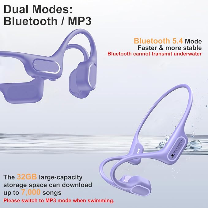 IP68 Waterproof Swimming Headphones, Bone Conduction Bluetooth 6.0 Headphones, Built-in 32GB MP3 Player, Soft Lightweight Open-Ear Design for Swimming Marathons Showers Cycling(Purple