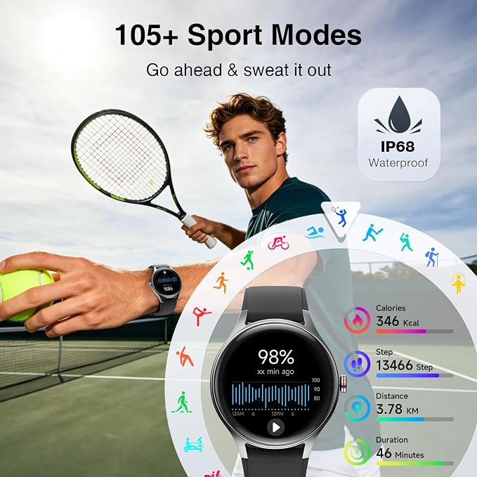 Smart Watch for Men Android iPhone [2 Bands], 1.27'' HD Fitness Watch with Bluetooth Call & Answer, IP68 Waterproof, Heart Rate/SpO2/Sleep Monitor, Built-in AI Voice, 105+ Sports Modes (Jet Black)