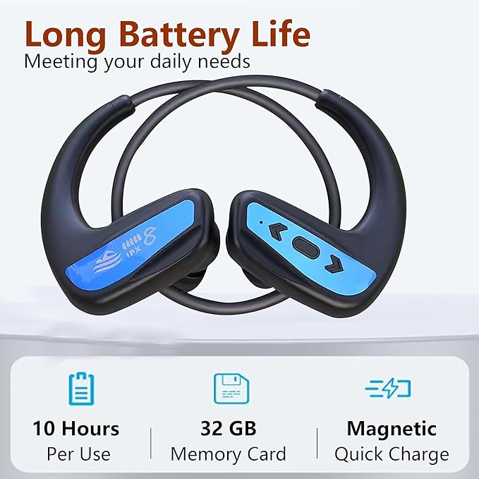 Swimming Headphone Underwater Waterproof Bluetooth ipx8 2 Colors red Blue 32G MP3 Player,in Ear no Falling, for Running Diving Cycling Hiking Gym Spa Other Sports(Blue)