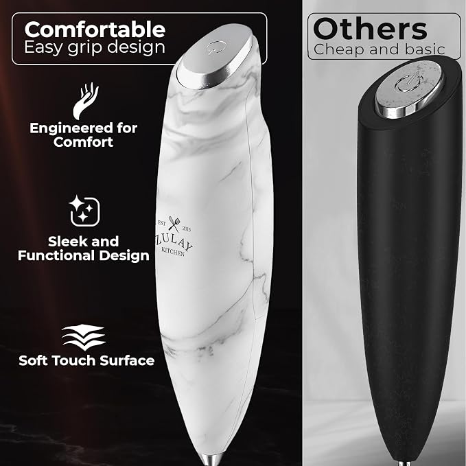 Zulay Kitchen Powerful Milk Frother Wand With Duracell Batteries - Ultra Fast Handheld Drink Mixer - Electric Whisk Foam Maker for Coffee, Lattes, Cappuccino & Matcha - Triple Whisk - Onyx Marble