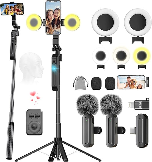 Phone Tripod with Light, 2 Pack Lavalier Mic, 71" Extendable Auto Face Tracking 360° Rotation, 1/4" Camera Mount & Remote, No App Needed, Vlogging Kit for iPhone Android YouTube TikTok Live Streaming
