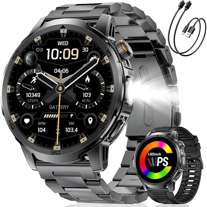 Military Smart Watch for Men Answer/Make Call, 1.85'' HD Rugged Smartwatch with 1000mAh Battery/Flashlight/Heart Rate/110+ Sports Mode, IP68 Waterproof Fitness Tracker Watch for Android iPhone