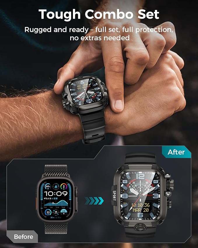 Goton Rugged Case and Band Kit with Screen Protector for Apple Watch 49mm, Compatible with Apple Watch Ultra 3/2/1, Full Body Shockproof Metal+PC Bumper Cover with Soft Band, 49mm Black
