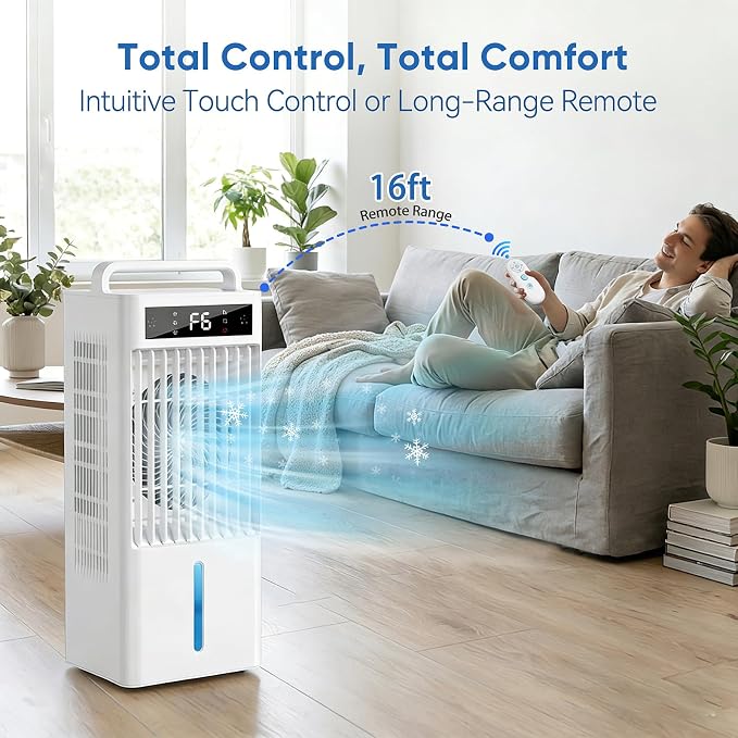 Portable Air Conditioners Fan, Windowless Evaporative Air Cooler 2 Modes & 6 Speeds, 12H Timer for Smart Auto-off, 3-Gals Tank for 20H Cooling,16FT Remote,No Hose Needed,38db Swamp Cooler