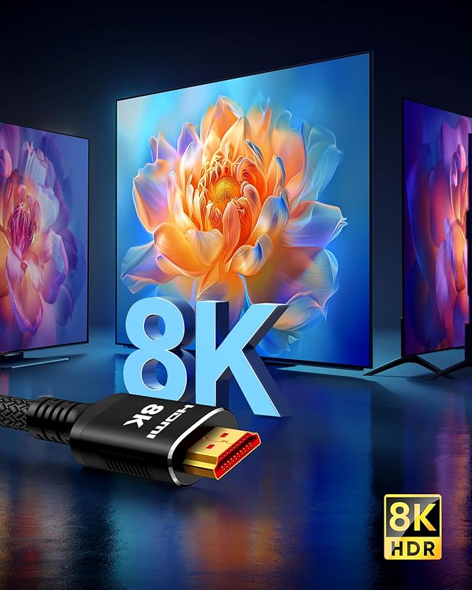 Snowkids 8K HDMI 2.1 Cable 20 ft, Non-Slip Nylon Braided, 48Gbps Ultra High-Speed HDMI Cables Cord, 10K 8K@60Hz, 4K@120Hz Compatible for TV/PS-5/X-box/Projector/Sound System & More