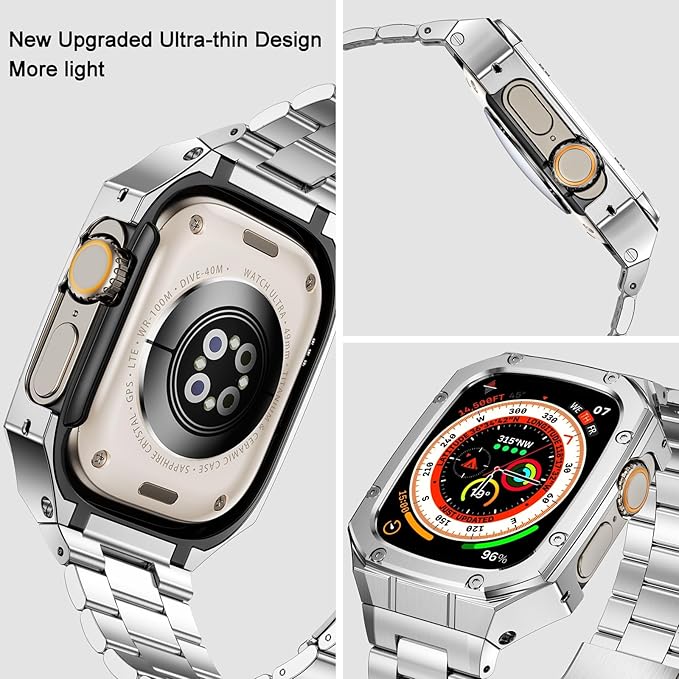 BAITEYOU Stainless Steel Watch Band with Case Compatible with Apple Watch Ultra 3 2 1 band (49mm), Rugged Strap with Metal Protective Bumper Cover for iWatch Bands Men (Silver)
