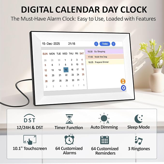 10.1" Touchscreen Digital Clock Large Display, Dementia Clocks for Seniors Custom 64 Reminders and Alarms, Auto DST, Auto-Dimming, Digital Alarm Clock with Day and Date for Elderly(White)