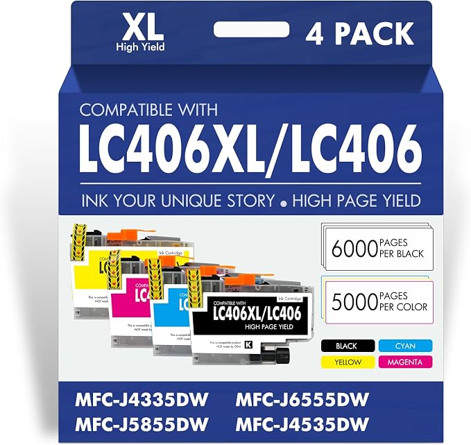 LC406 LC406XL Ink Cartridges for Brother Printer for Brother LC406 Ink Cartridges MFC-J4335DW MFC-J5855DW MFC-J6555DW MFC-J4535DW MFC-J6955DW (4 Pack Black Cyan Magenta Yellow)