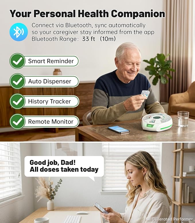 Bluetooth Automatic Pill Dispenser with App, 21 Individual Pods Medication Organizer for Seniors & Caregivers with Tracks Adherence History, Alarms & Light Alerts, Key Lock, for Vitamins Supplements