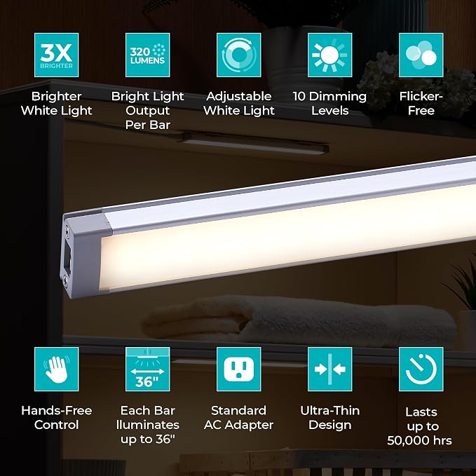 PureOptics LED Works with Alexa Smart Under Cabinet Lighting Kit, Adjustable LEDs, (6) 9" Bars, White