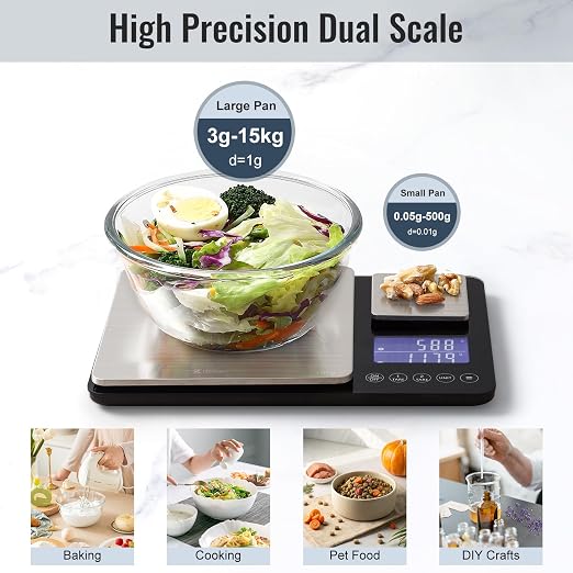 KitchenTour Digital Food Scale for Kitchen, 0.001oz/33lb Dual Platform Precision Smart Kitchen Scales Digital Weight Grams and Ounces for Home Cooking Baking Meal Prep Sourdough Bread, Stainless Steel