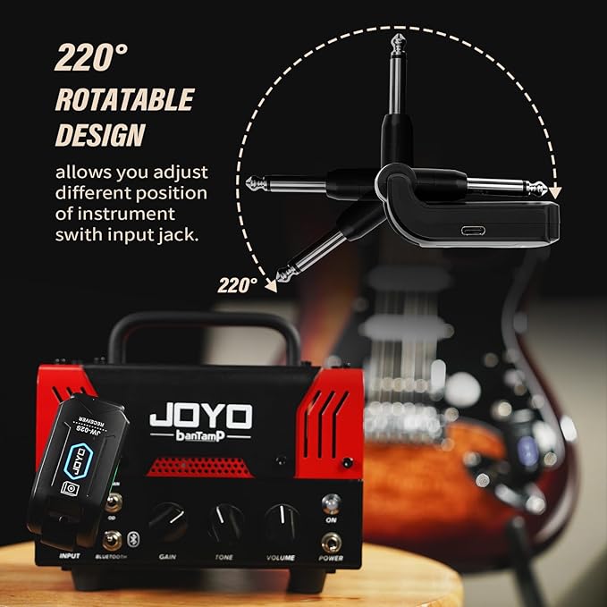 JOYO 5.8GHz Wireless Guitar System Rechargeable Transmitter Receiver with 4 Channels, Low Latency, 48kHz/24Bit, 65ft Range, 6 Hour Battery for Electric Guitar & Bass (JW-02S)