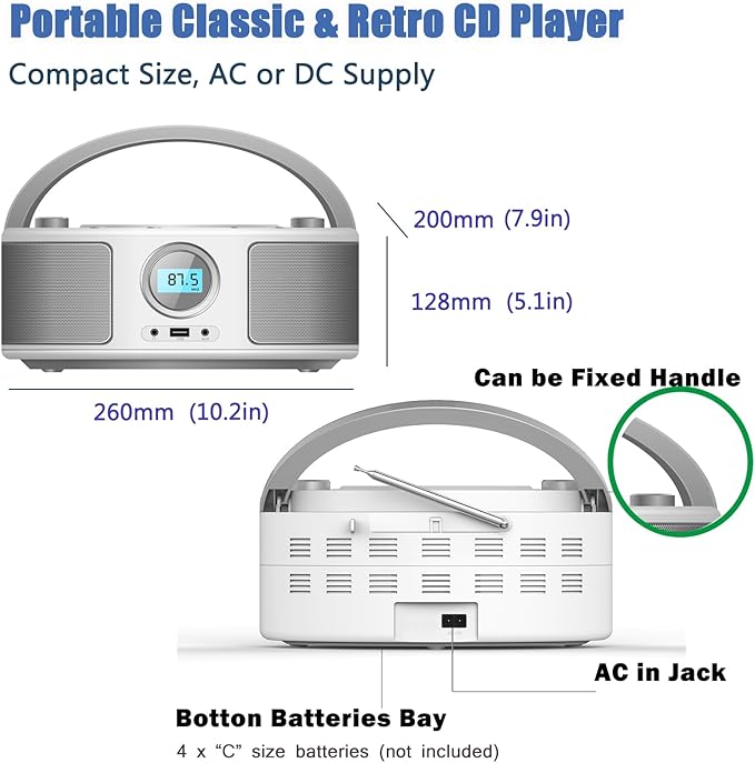 Portable CD Player Boombox with Bluetooth, FM Radio, Remote Control, USB Port and 3.5mm AUX Headphone Jack, Clear Stereo Sound, 4 Watts of Audio, AC/Battery Powered