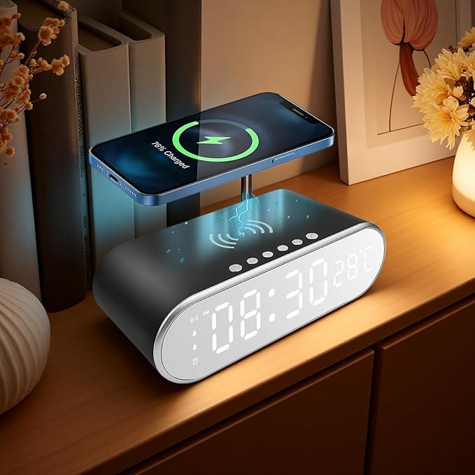 15W Fast Wireless Charging Pad Compatible with Qi-Enabled Phones, 5W/7.5W/10W Standard Charging Modes, Temperature Display & Alarm Clock for Bedside Desk, W628 Black.