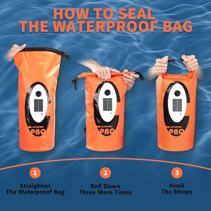 FELICON Waterproof Dry Bag Backpack with Bluetooth Speaker, 20L Roll Top Floating Sack, Solar & USB-C Powered Emergency Charger, RGB Light, Heavy Duty PVC for Kayaking Camping, Orange