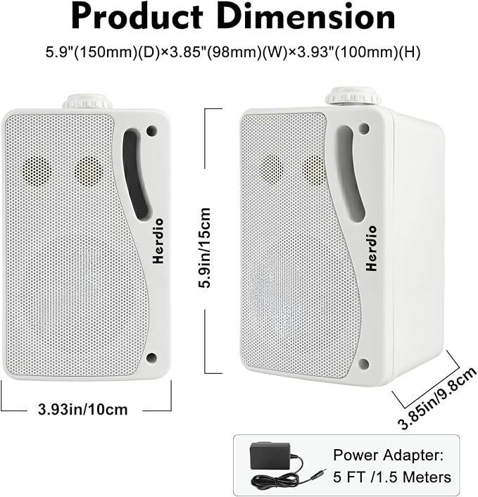 Herdio 3.5" 200W Outdoor Bluetooth Speakers, IP44 Waterproof Rating and Be Able to Wireless Multi-Connection Up to 20 Units for Patio/Porch/Balcony (White, 2-Pack)