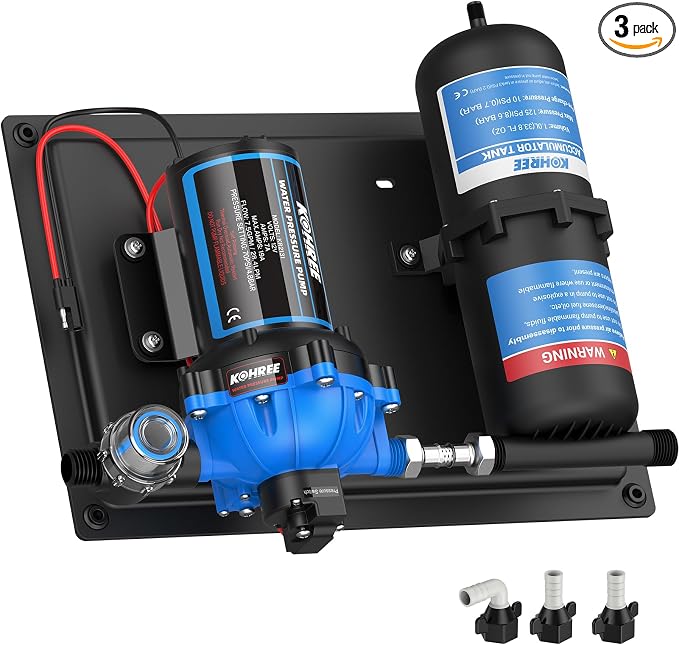 Kohree RV Water Pump 12V DC 7.5GPM 70PSI and 1L 125PSI Pre-Pressurized Accumulator Tank, Quiet RV Water Pump and Accumulator Tank System for RV Camping, Boat, Kitchen, Bathroom