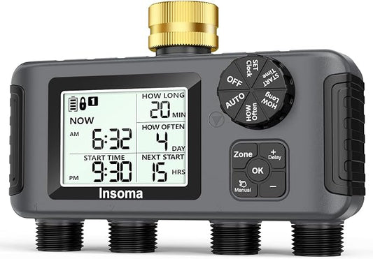 Insoma 4 Zones Sprinkler Timer with Brass Inlet, Water Timer for Garden Hose with Auto/Manual/Rain Delay Mode, Hose Timers for Irrigation Watering System for Yard, Lawn, Plant Watering