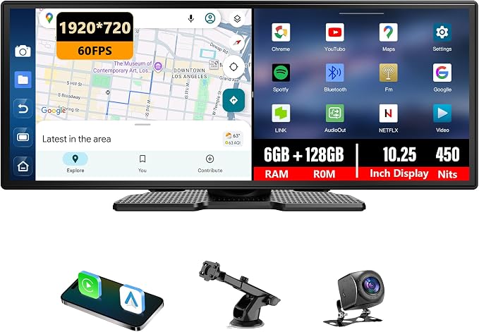 10.25″ CarPlay Screen with Dashcam & Apps, Built-in Google-Play & 6GB+128GB, Portable Android Auto Display 1920x720, Dual 1080P DVR, Wireless Bluetooth, Supports Steering Wheel Controls