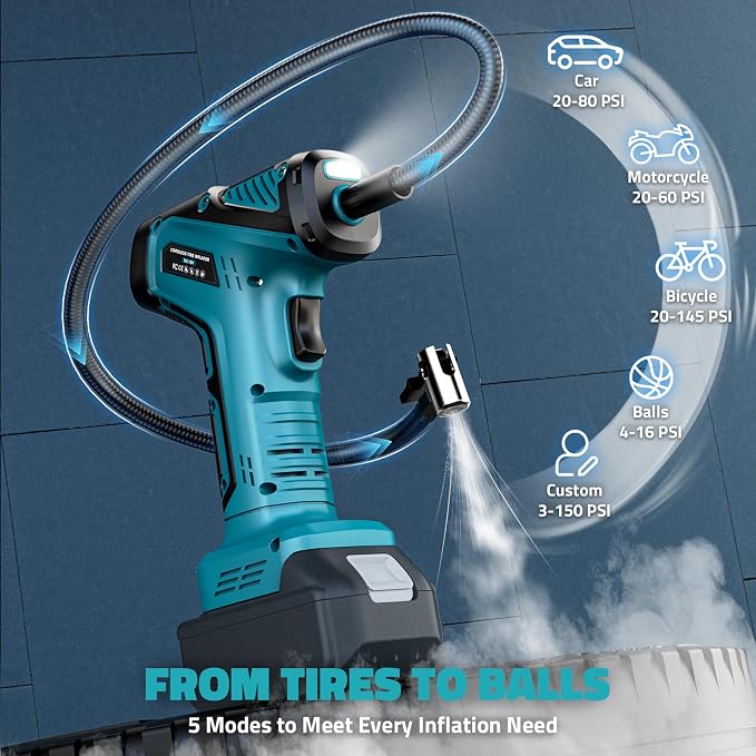 DIYtoolifz 150PSI Tire Inflator Portable Air Compressor: Cordless Air Pump Compatible with Makita 18V Battery - Car Tire Pump with Digital Pressure Gauge & LED Light for Auto, Motorcycles (Tool Only)
