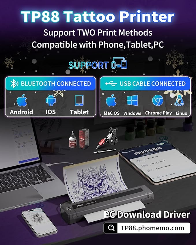 TP88 Wireless Tattoo Transfer Stencil Printer, Thermal Tattoo Machine with 10pcs Free Stencil Paper, Compatible with Smartphone & PC, Portable Printer for Artists & Beginners, Gray