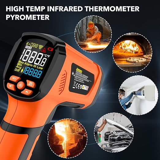 Infrared Thermometer Temperature Gun, -40℉-3632℉, High Temp Thermometer with Thermocouple Probe, Non-Contact 50:1 Pyrometer Dual Laser Thermometer Gun for Engine, Kiln, Forging, Industrial