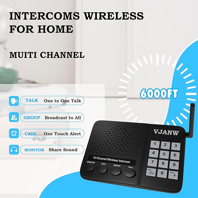 Intercoms Wireless for Home: Push to Talk, One to Many Group Broadcast, Voice Activated Monitor for Home, Ring Alert Call, 6000FT Long Range, Speak Closer for Clearer, More Private Communication