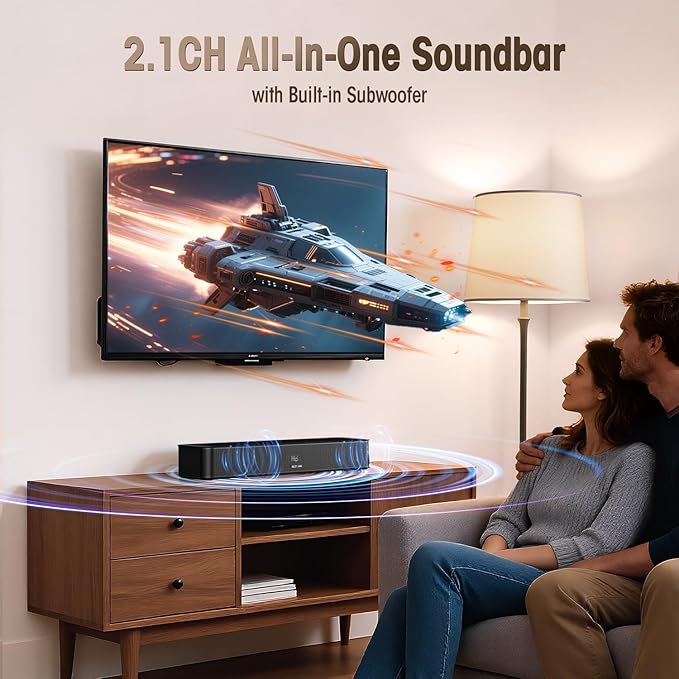 BESTISAN 2.1ch Sound Bar with Built-in Subwoofer, 100W Peak Power, HDMI ARC/Opt/AUX/USB/Bluetooth 5.3, 3 EQ Modes & Volume Boost, 16.5" All-in-One for TV/PC/Gaming/Projector