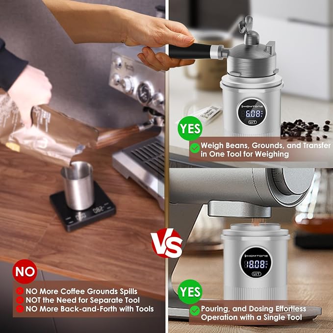 HOMTONE Dosing Cup & Coffee Scale Combo,One-touch Easy Control, Multi-Purpose for Espresso, Drip Coffee, French Press& More – Fits 58mm Portafilters, Waterproof & Easy Cleaning (silver)