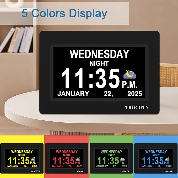TROCOTN Dementia Clocks, Large Display Calendar Alarm Clock with Auto DST for Seniors, 5 Display Modes Large Font Digital Clock with Custom Alarms Day Date Clocks. (7 Inch Black)