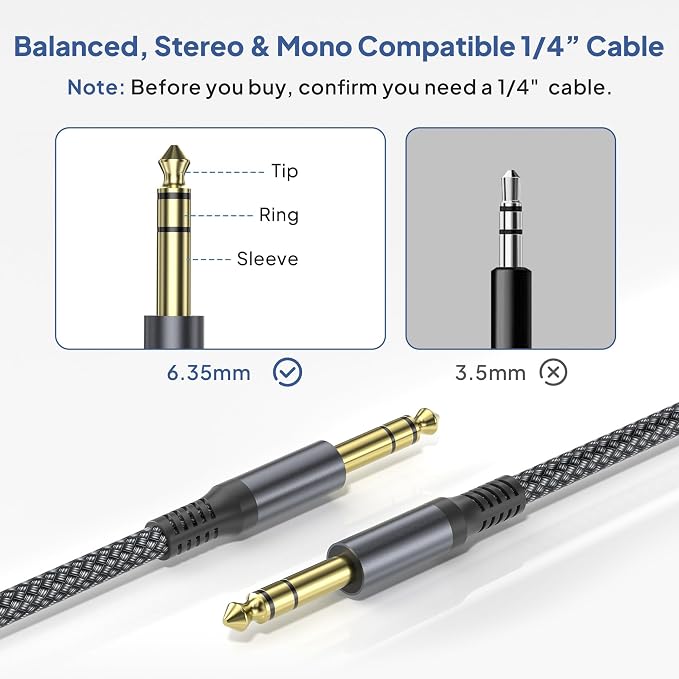 Elebase 1/4 Inch TRS Instrument Cable 6.6ft 2-Pack,Straight 6.35mm Male Jack Stereo Audio Interconnect Cord,6.35 mm Balanced Line for Electric Guitar,Bass,Keyboard,Amplifier,Amp,Speaker,Equalizer