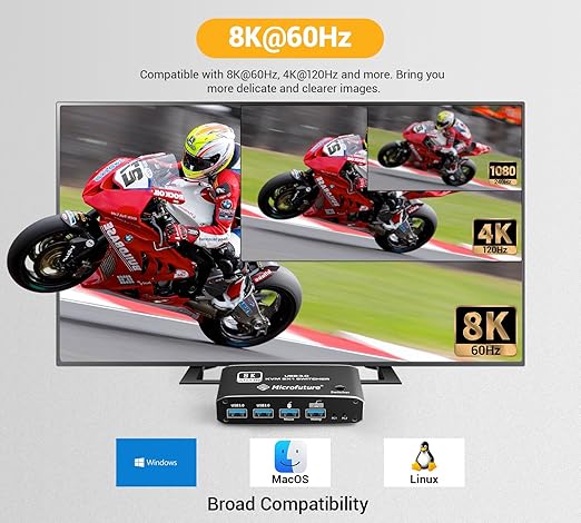 8K@60Hz KVM Switch 2X1, HDMI 2.1 for 1 Monitor 2 Computers, 4 USB3.0 Devices, USB C Selector With Hotkey, Supports 4K@120Hz, 2K@144Hz, 1080P@240Hz (2 USB 3.0 Cable Included)