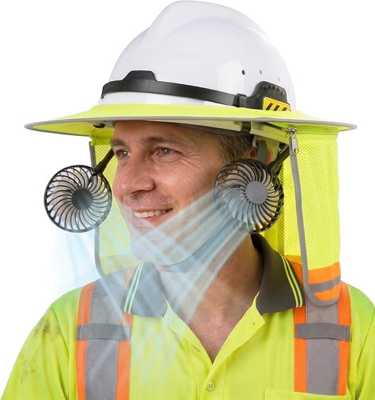 Hard Hat Sun Shade with Rechargeable Fan, Full Brim Visor Cooling Kit with Detachable Neck Fan for Construction Worker Men Women Outdoor Safety Helmet Accessories (No Lights)