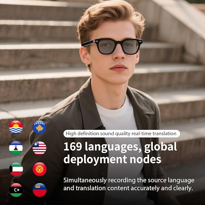 AI Smart Glasses Powered By GPT, Support 165+ Languages Real-Time Translation, Speakers & Audio Call Translator, AI Object Recognition, Noise Reduction, Smart Bluetooth Glasses for Men & Women(Black)